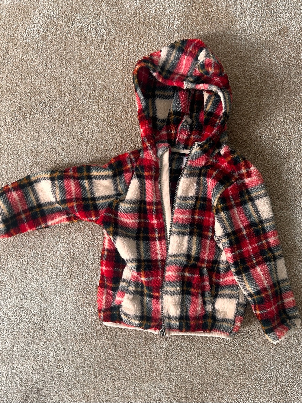 Old Navy Red and Cream Plaid Hooded Fleece Jacket